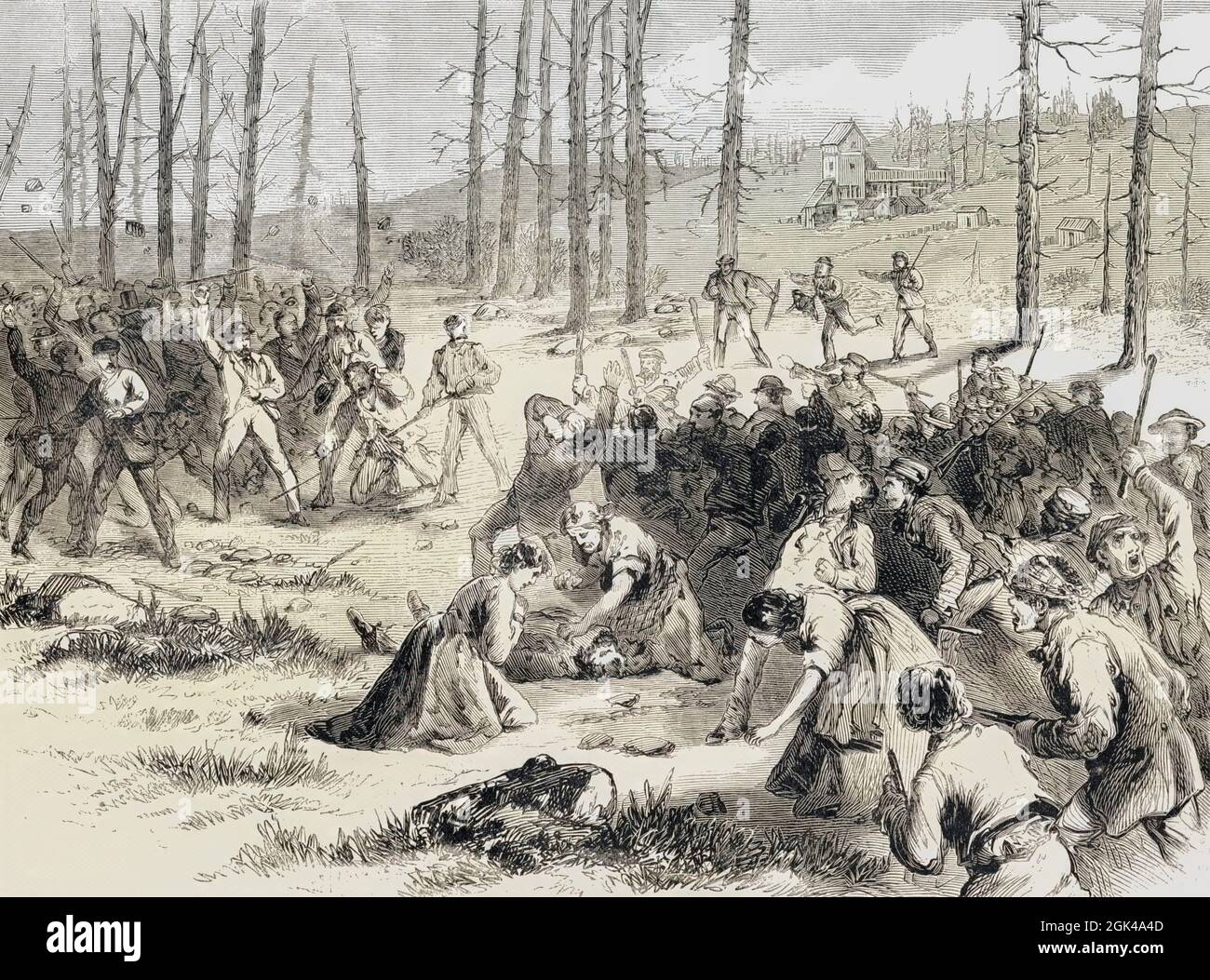 The coal riots in Scranton, Pennsylvania, USA.  A meeting of labourers near the Dodge Shaft at Hyde Park attacked and dispersed by immigrant Welsh miners and their wives on May 9, 1871.   After a work by Joseph Becker in Frank Leslie's illustrated newspaper. Stock Photo