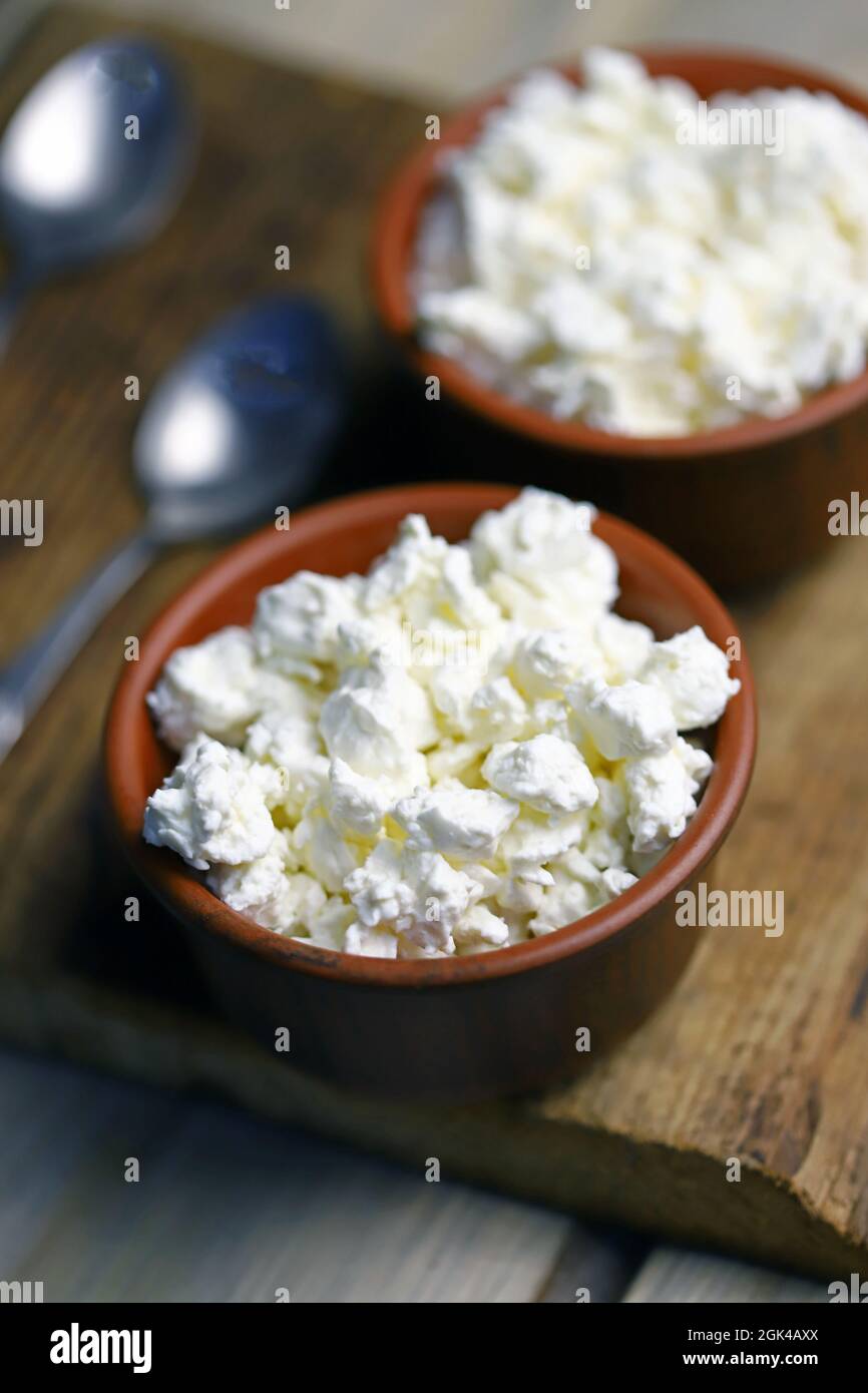 Fresh homemade cottage cheese. Dairy products. Stock Photo