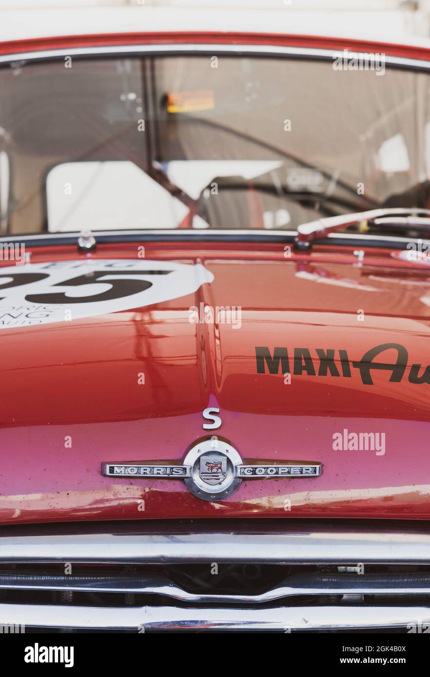 Italy, september 12 2021. Vallelunga classic. Austin Morris Mini Cooper racing vintage car hood detail with logo and name Stock Photo