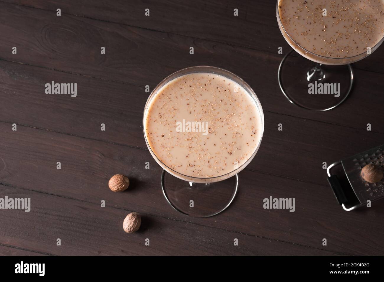 Brandy Alexander Cocktail with nutmeg, top view, copy space. Boozy