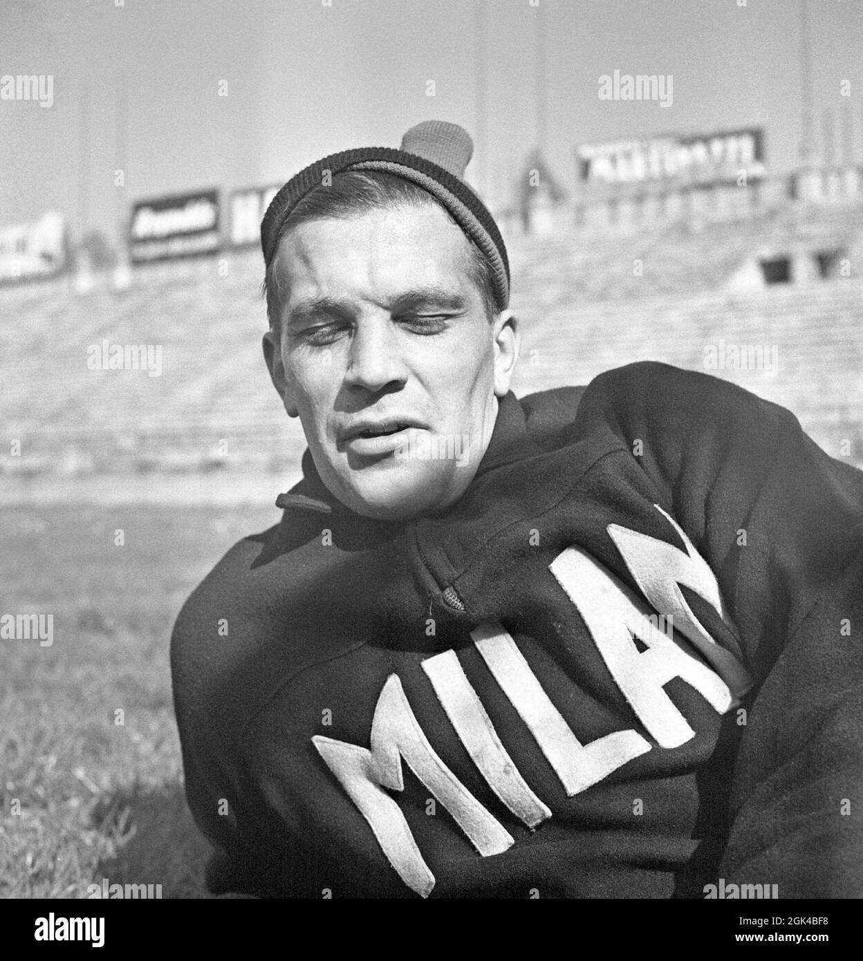 Gunnar Nordahl. 19 october 1921 - 15 september 1995. Swedish football player, best known for playing in the italian football club AC Milan from 1949 to 1956. He stills holds the record for goals per appearance in Italy. Nordahl is considered to be one of the greatest Swedish football players of all-time. Nordahl became the first swedish professional footballplayer when transfereed to AC Milan on january 22 1949. Later, he would team up with his national team strike partners, Gunnar Gren and Nils Liedholm to form the renowned Gre-No-Li trio, a succesful trio playing together for AC Milan.  Mila Stock Photo