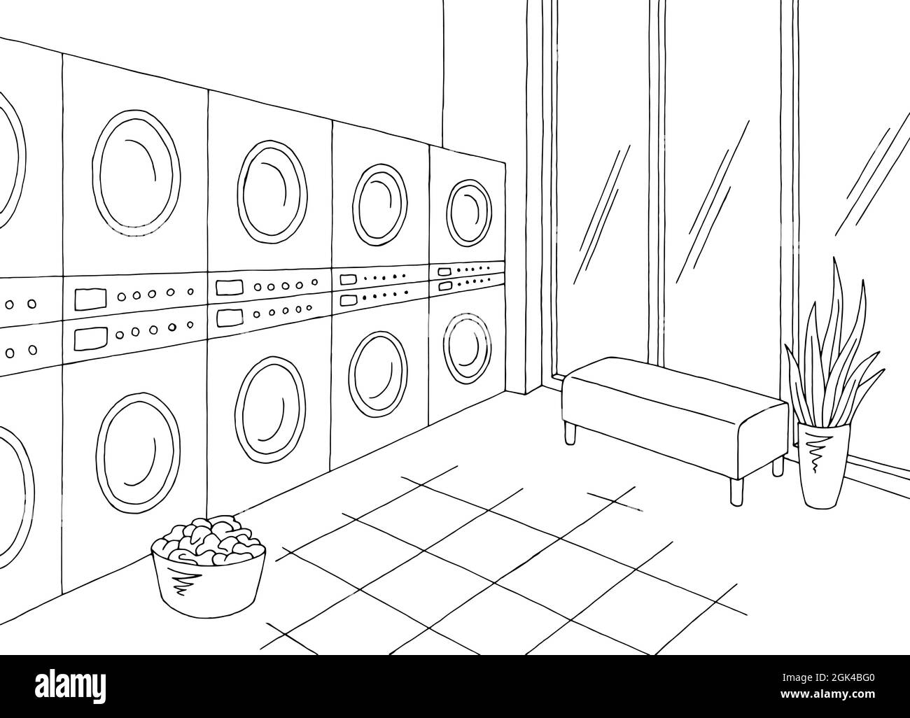 Laundry interior service graphic black white sketch illustration vector Stock Vector