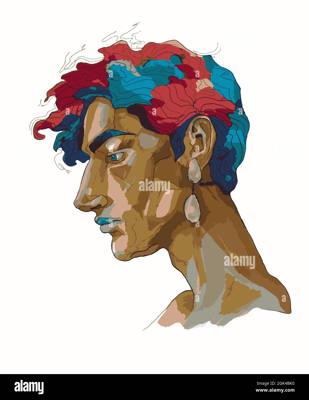 Portrait of a young man with multicolored hair and an earring in profile Stock Vector