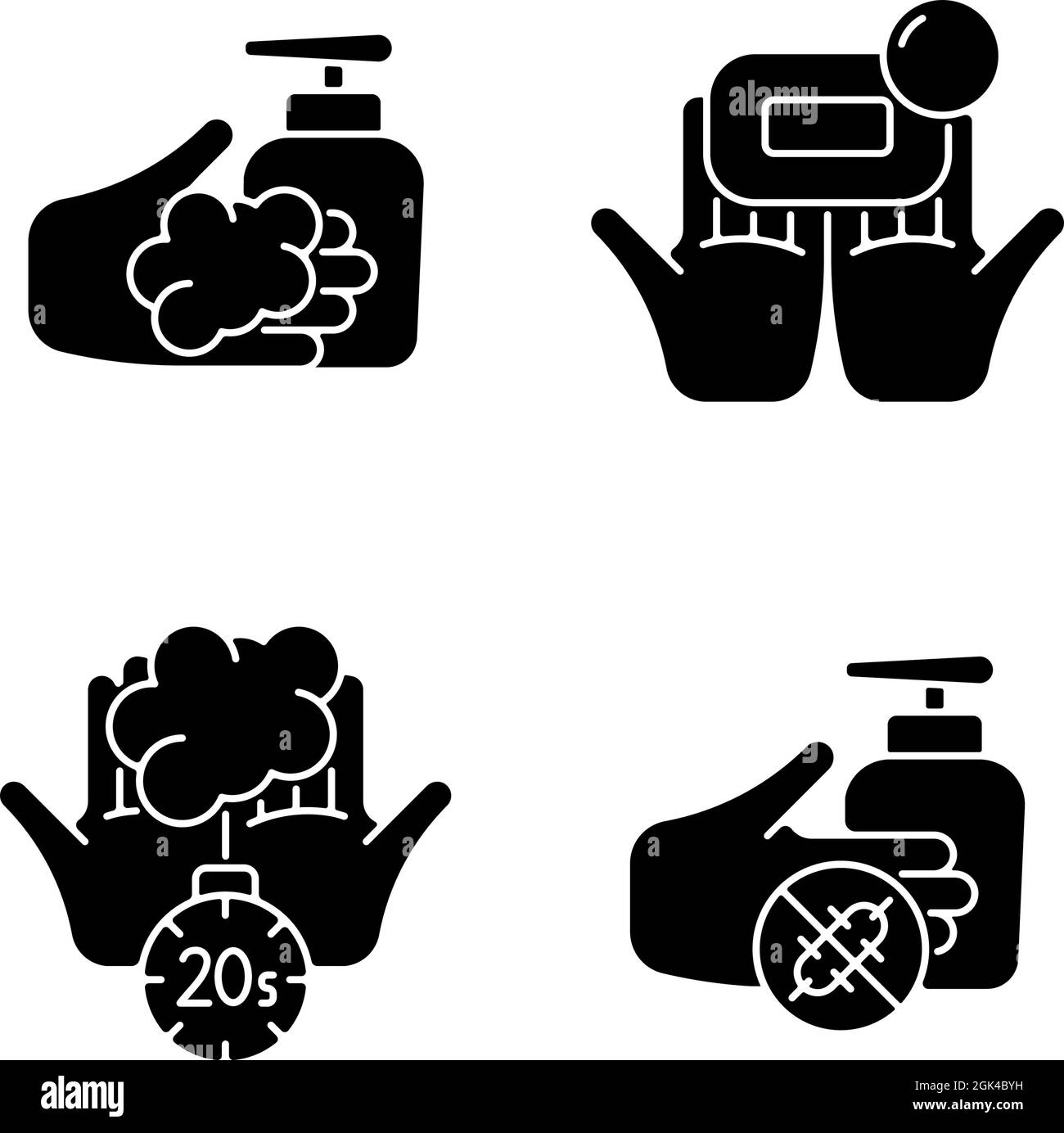 Hand hygiene black glyph icons set on white space Stock Vector