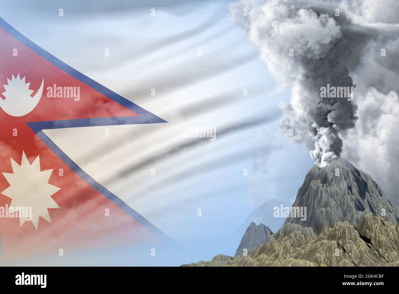 stratovolcano blast eruption at day time with white smoke on Nepal flag