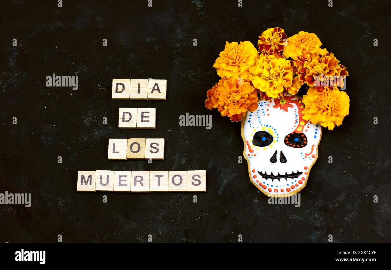 Dia De Los Muertos is a Mexican celebration. Dark background with sugar cookie skull. Selective focus copy space Stock Photo