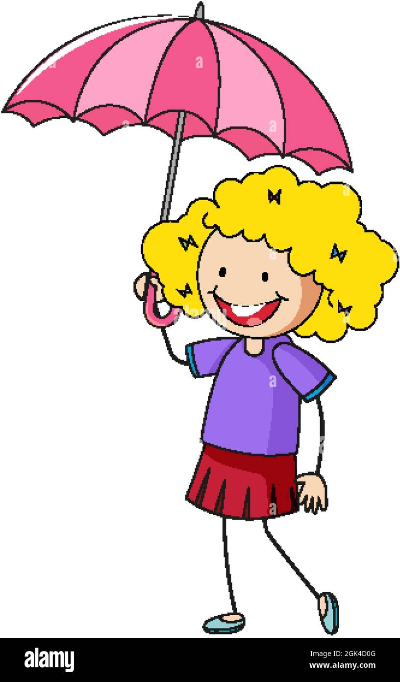 Little girl holding umbrella doodle cartoon character illustration ...