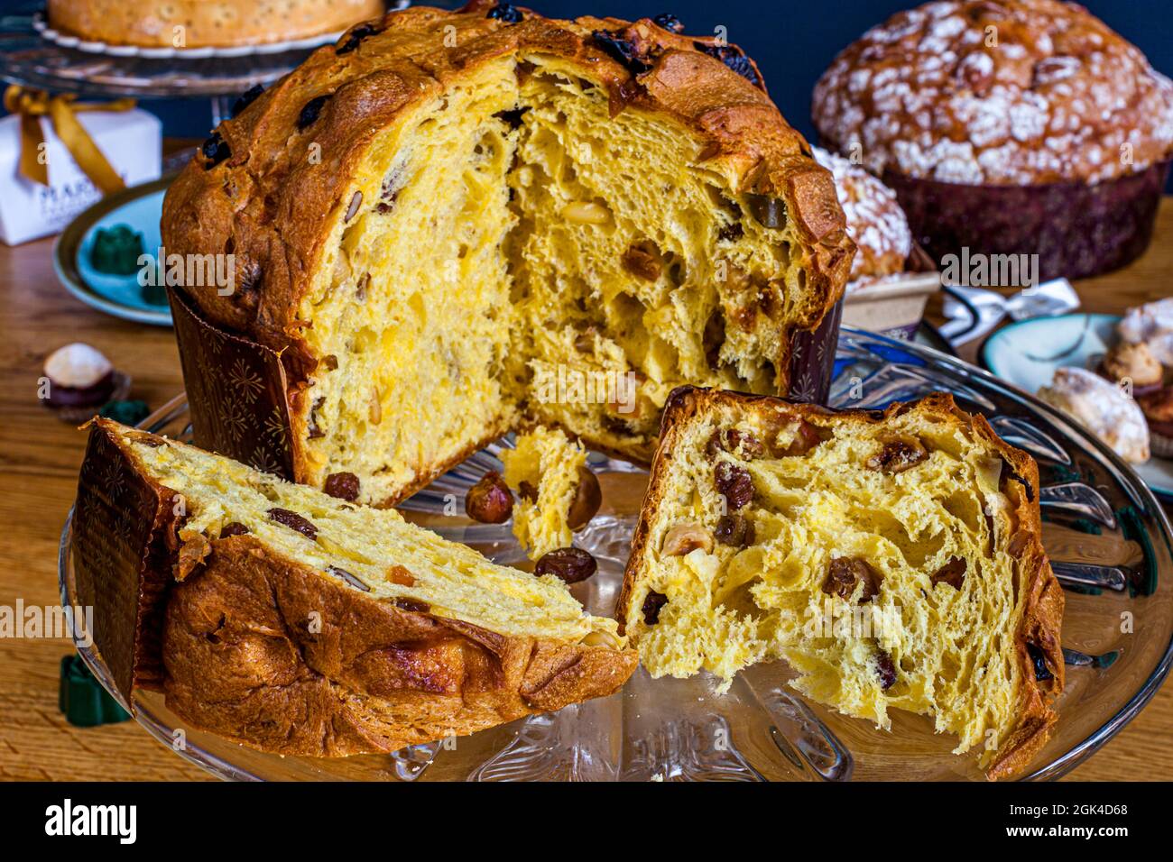 The perfect panettone keeps the balance between airy dough and the aroma of candied fruit. Pasticceria Marnin in Locarno, Switzerland Stock Photo