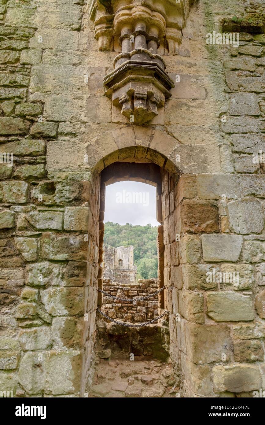 Close-up details of ruins of Rievaulx Abbey, a Cistercian abbey in Rievaulx  near Helmsley in the North York Moors National Park, England. Stock Photo