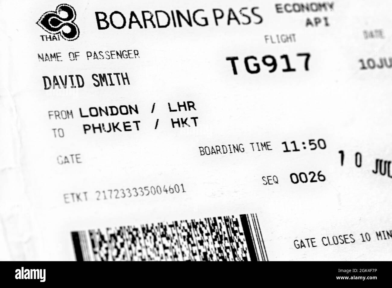 Thai Airways Boarding Pass UK flight London to Phuket TG917. July 2021  the Thai government created the Phuket Sandbox scheme for vaccinated travel. Stock Photo