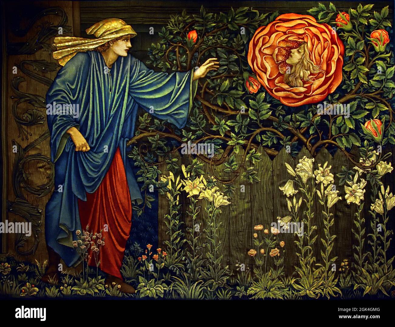 The Pilgrim and the Heart of the Rose (tapestry)1901 wall cloth wool silk by Edward Burne Jones   ( designed  1890 woven 1901 wool and silk tapestry 150 x 201cm  United, Kingdom, England, English,) Stock Photo