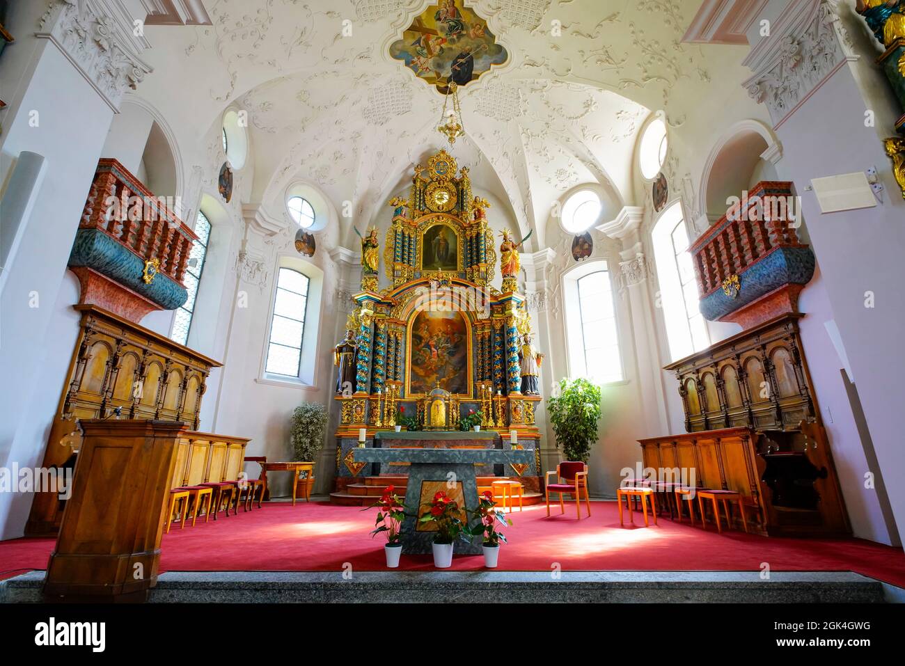 Inside the St. Gallus Church in Wassen village.. High altar by Jodokus Ritz. Canton Uri, Switzerland. Stock Photo