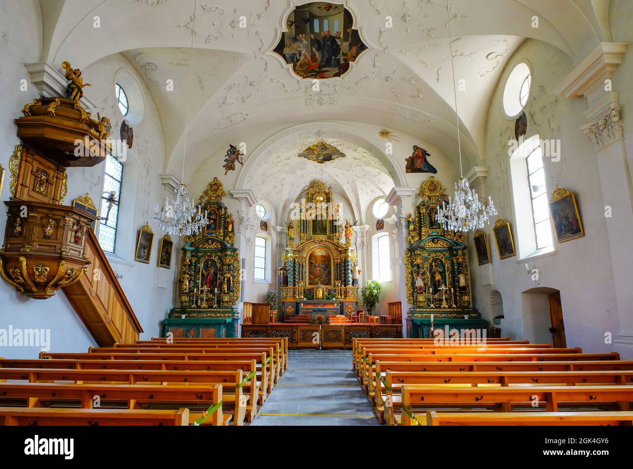 Inside the St. Gallus Church in Wassen village, Upper Reuss valley (Oberes Reusstal), Switzerland. Altars were built by Valais native Jost Ritz and ar Stock Photo