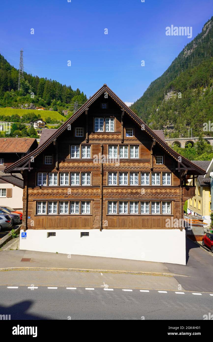Traditional house in alpine village Wassen, Upper Reuss valley (Oberes Reusstal), of the canton of Uri in Switzerland. Stock Photo