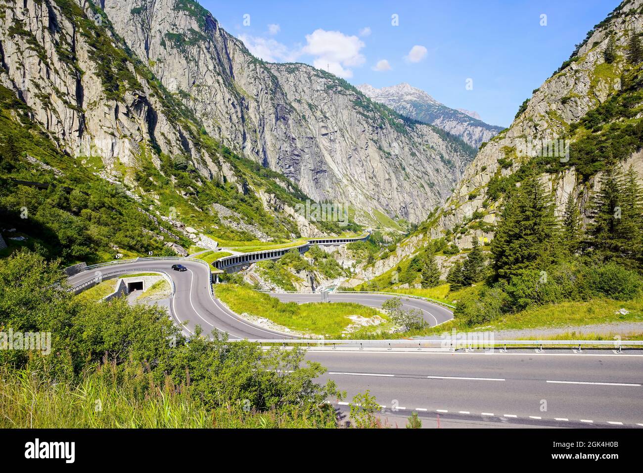 Elevated view of Reusstal (valley). Canton of Uri in Switzerland. Stock Photo