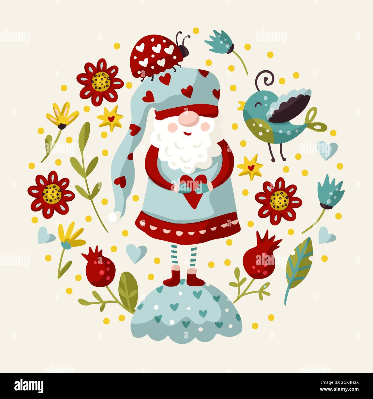Vector cute colorful illustration of garden gnome with heart, flower,  ladybug and bird. Cartoon elf kid illustration for print. Valentines and  Christmas design. Ornate spring drawing Stock Vector Image & Art -