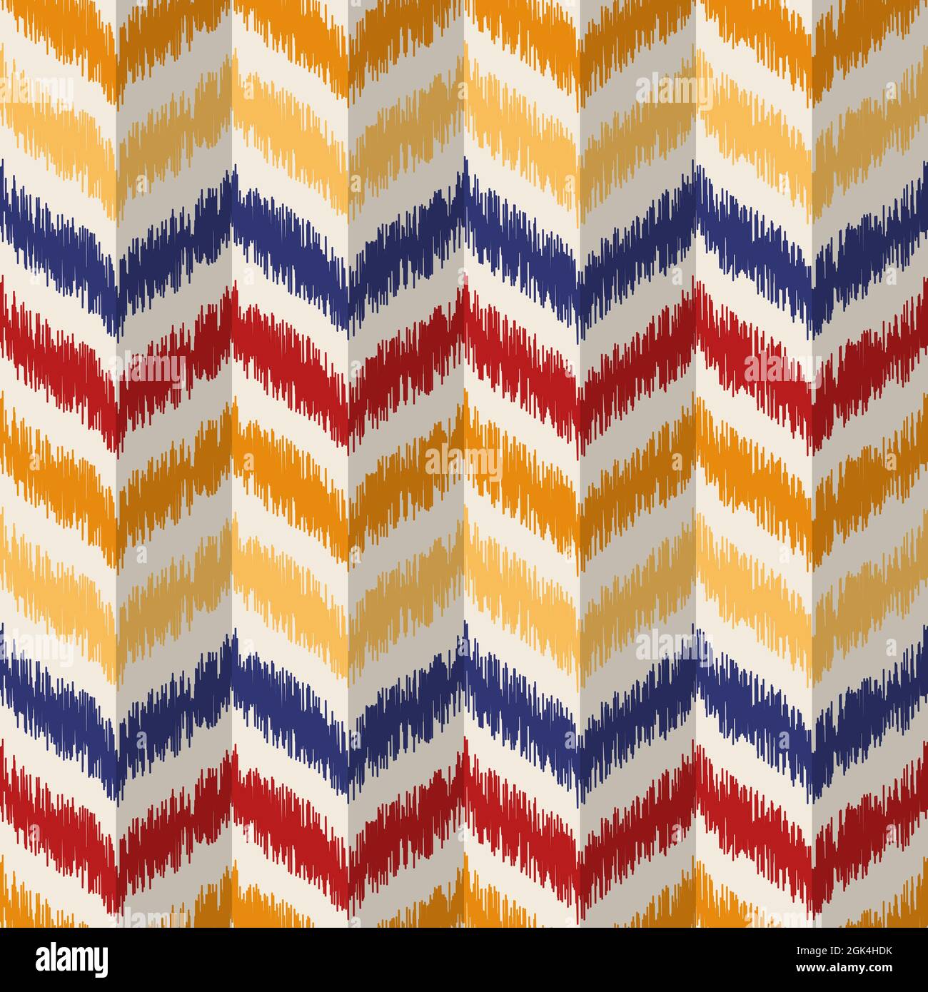 Seamless geometric pattern, based on ikat fabric style. Vector illustration. Chevron rug pattern. Colorful zig-zag pattern. Yellow, orange and red her Stock Vector