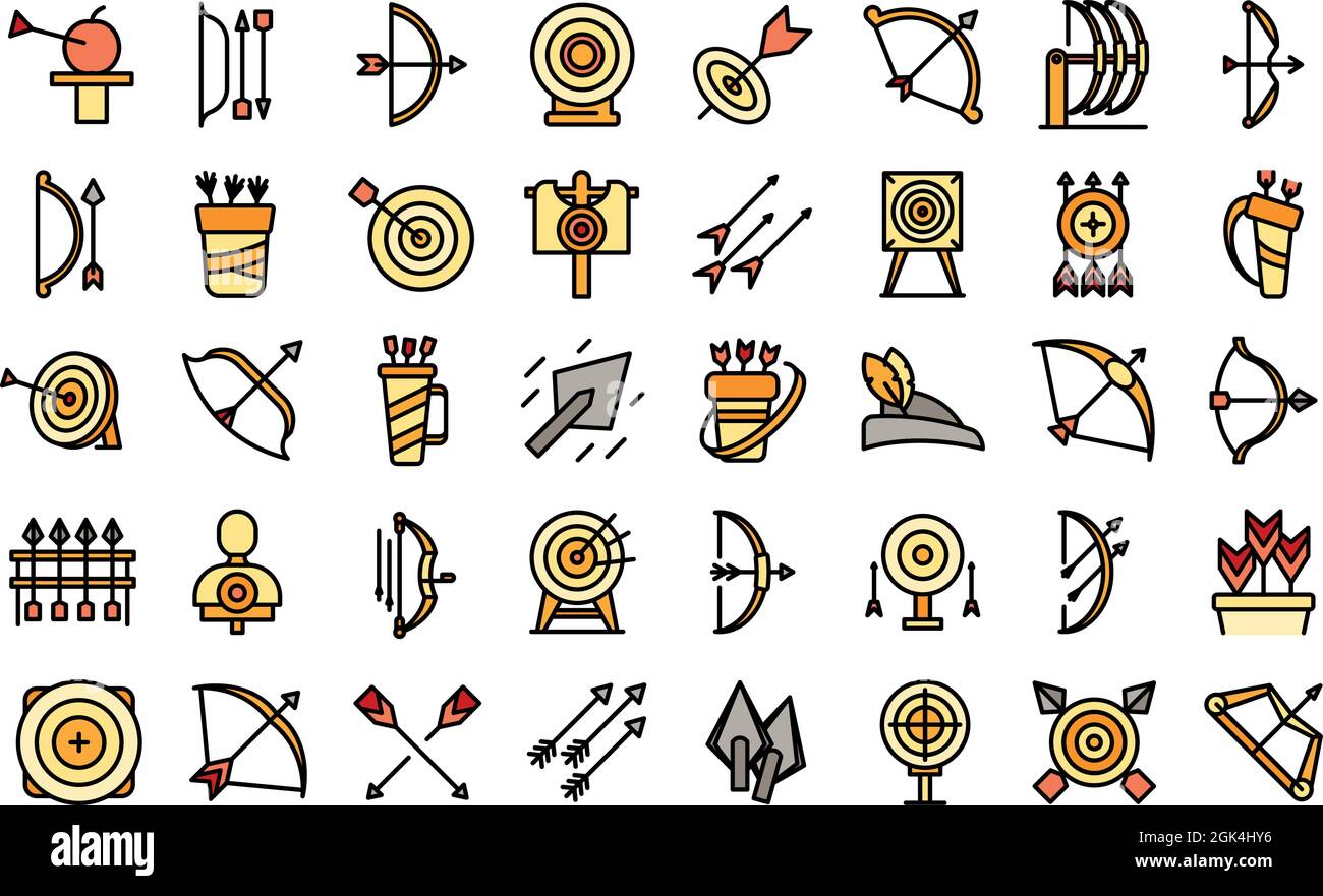 Archery competition icons set outline vector. Target bullseye. Archery purpose goal Stock Vector