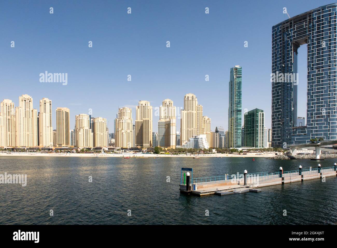Dubai, United Arab Emirates, 02/07/2020. Jumeirah Beach Residence beachfront with new The Address Residences Jumeirah Resort and Spa building. Stock Photo