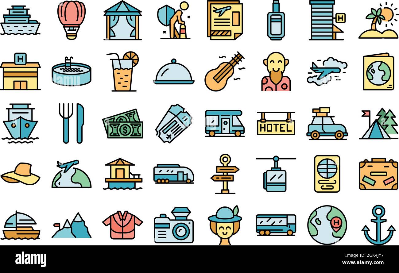 Retirement travel icons set outline vector. Health insurance safety. Medical travel policy Stock Vector