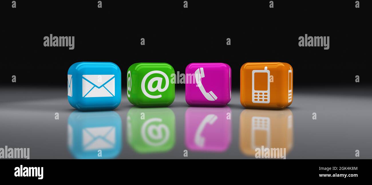 Website contact page header concept with contact us web icons on colorful cubes with copy space 3D illustration. Stock Photo