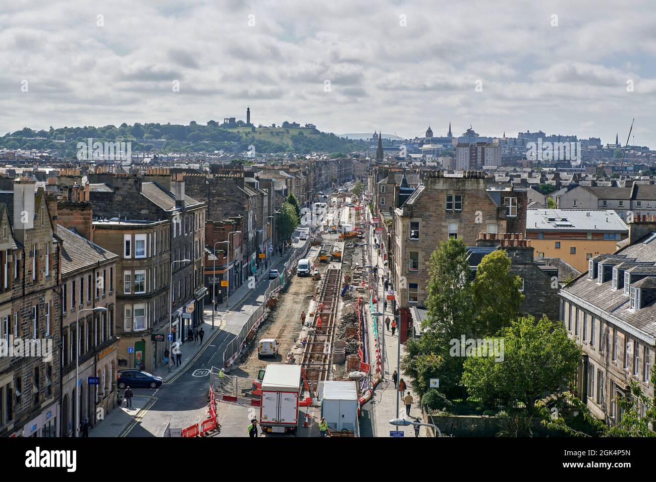 Tram extension works on Leith Walk Edinburgh, shot from an elevated position, Scotland, UK Stock Photo