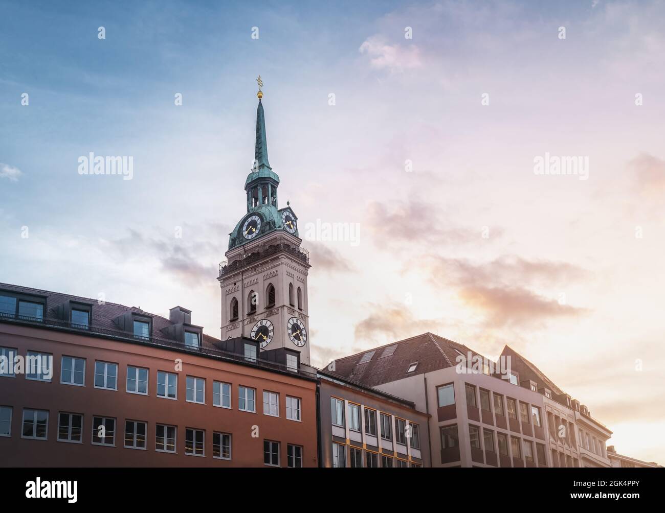 St. Peter's Church Tower at sunset - Munich, Bavaria, Germany Stock Photo