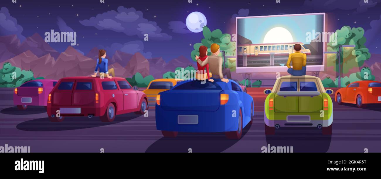 Cartoon outdoor drive-in cinema. Car movie theater in open air with loving  couple, lonely boy and girl. Summer night with people sitting on automobile  roof and watching film on big glowing screen