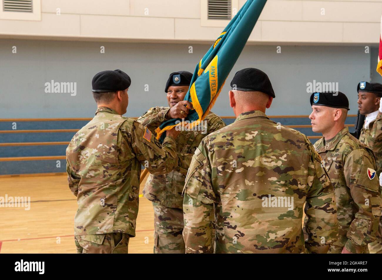 The 405th Army Field Support Battalion- Mannheim conducts a change of command ceremony July 1 at Coleman Worksite, Mannheim. The ceremony formally transferred command of the battalion from Lt. Col. Jason Knapp to Lt. Col. Brian Astwood. The battalion provides mission command of Army Preposition Stocks operations at Duelmen, Germany and Coleman Worksite, Mannheim, Germany. Stock Photo