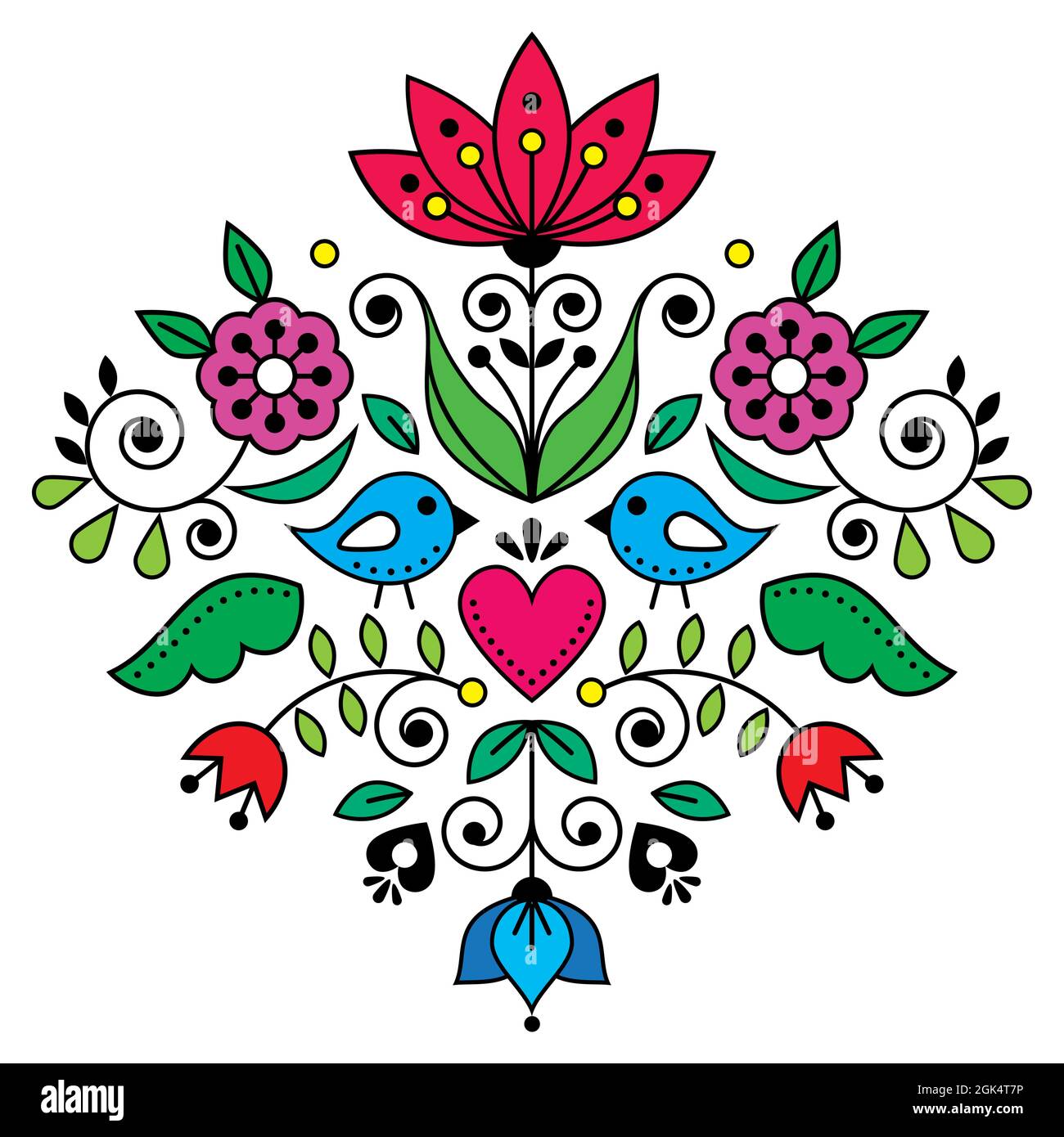 Scandianvian traditional folk art vector design with flowers and birds, inspired by traditional embroidery patterns from Sweden Stock Vector