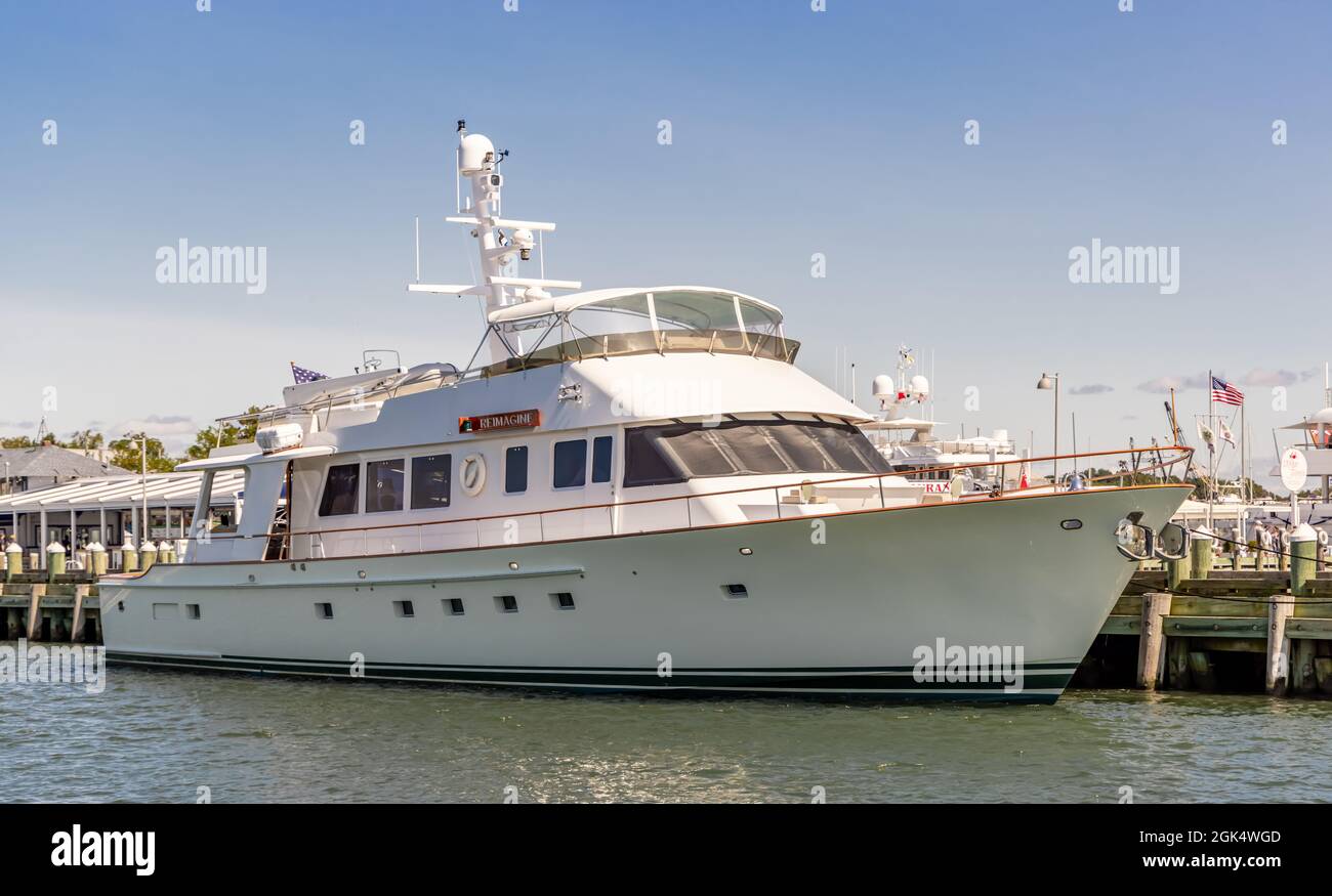 The motor yacht Reimagine at dock in Greenport, NY Stock Photo