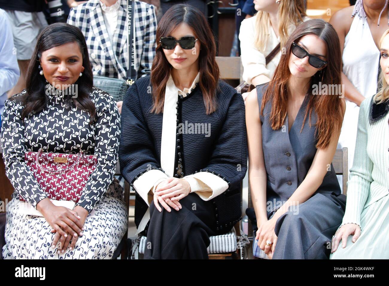Mindy Kaling, Gemma Chan and Emily Ratajkowski sit in the front row at the Tory  Burch fashion show during Spring/Summer 2022 Collections Fashion Show ?at  New York Fashion Week in New York,