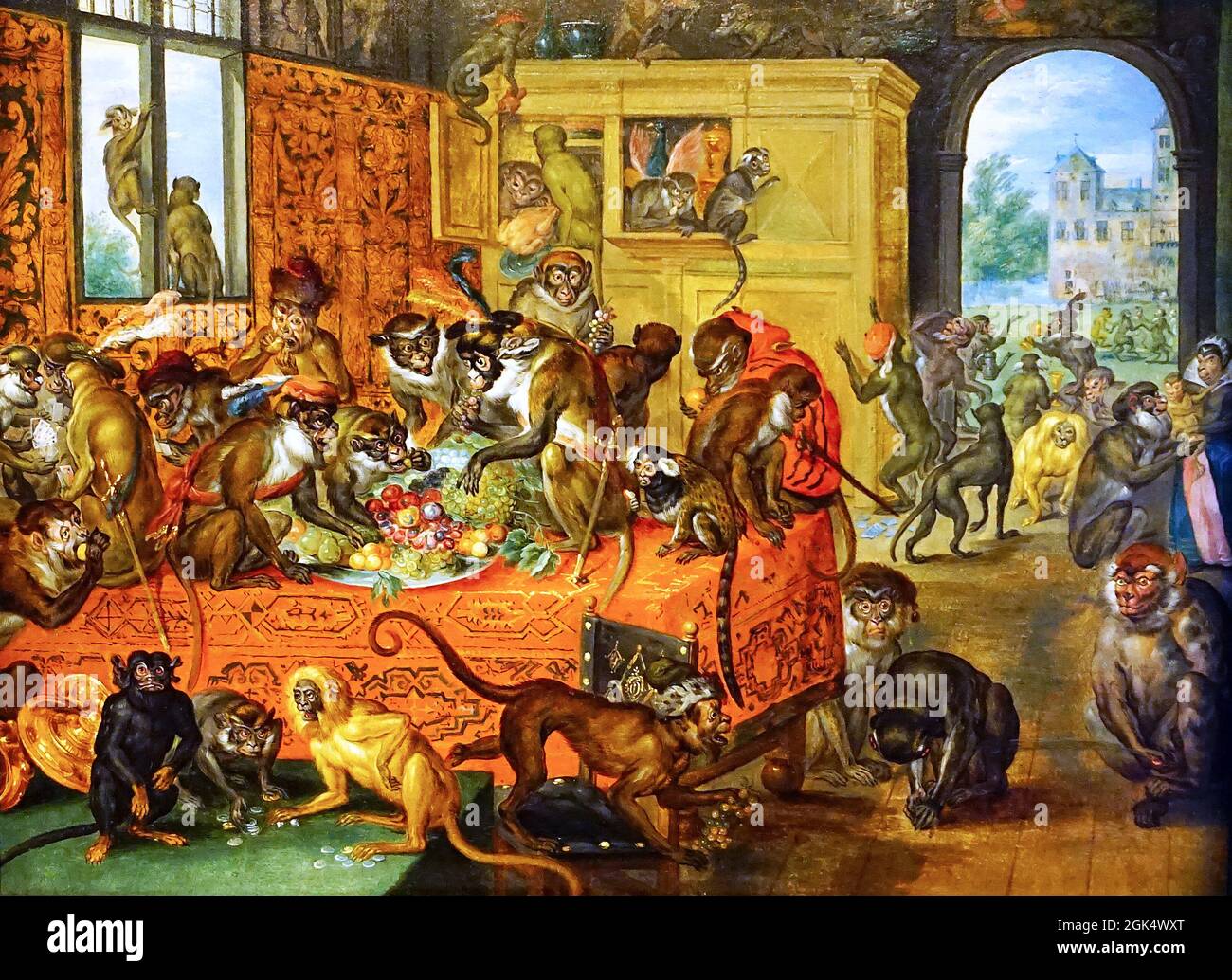 Singerie by Jan Breughel I (1568-1625) This type of painting was called a singerie,portraying monkeys dressed as humans. Stock Photo