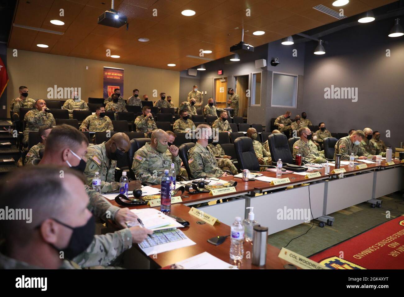 FORT BLISS, Texas – Key leaders from across 32d Air and Missile Defense Command receive a brief during a Quarterly Theater Review at the Mission Training Center on Fort Bliss, August 3-5, 2021. Stock Photo