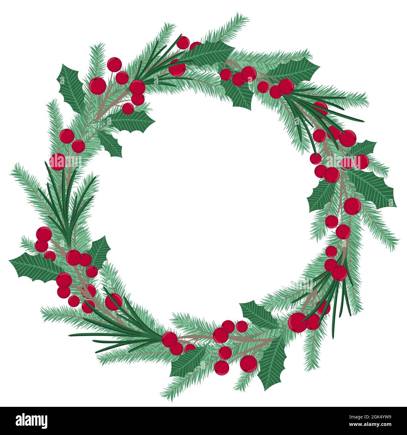 Round Christmas wreath of fir branches, berries and leaves vector ...
