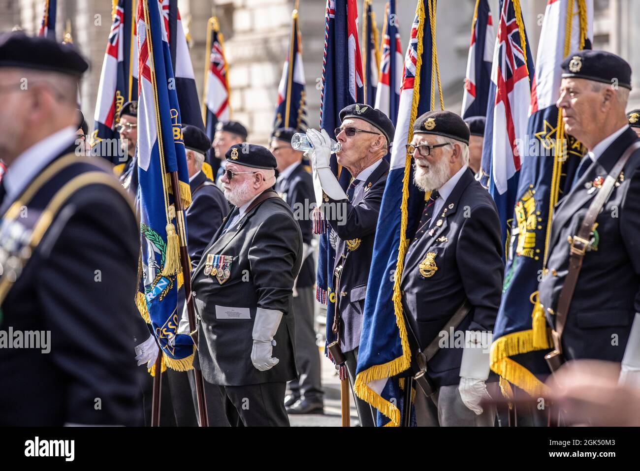 PHOTO:JEFF GILBERT 12th September 2021. Whitehall, London, UK ROYAL NAVY VETERANS MARCH FOR FALLEN COMRADES AT THE CENOTAPH IN WHITEHALL. This was the Stock Photo