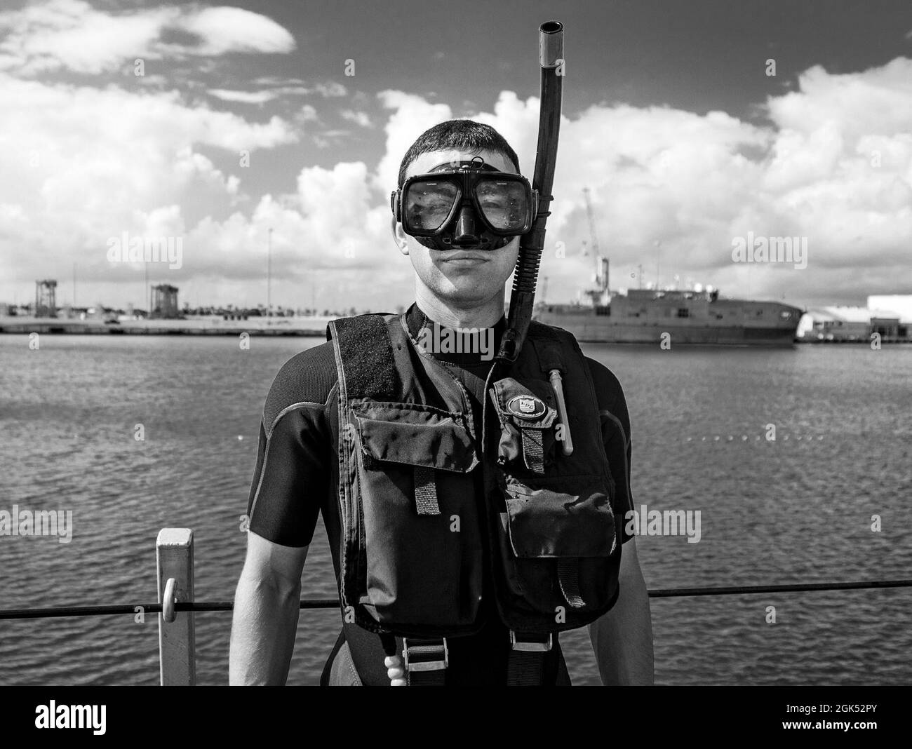 210803-N-KY668-1024   PONCE, Puerto Rico - (Aug. 3, 2021) – Chief Mineman Jonathan Wampler, a search and rescue (SAR) swimmer assigned to the Freedom-variant littoral combat ship USS Billings (LCS 15), poses for a picture while conducting SAR training on the fo’c’sle, Aug. 3, 2021. Billings is deployed to the U.S. 4th Fleet area of operations to support Joint Interagency Task Force South’s mission, which includes counter-illicit drug trafficking missions in the Caribbean and Eastern Pacific. Stock Photo