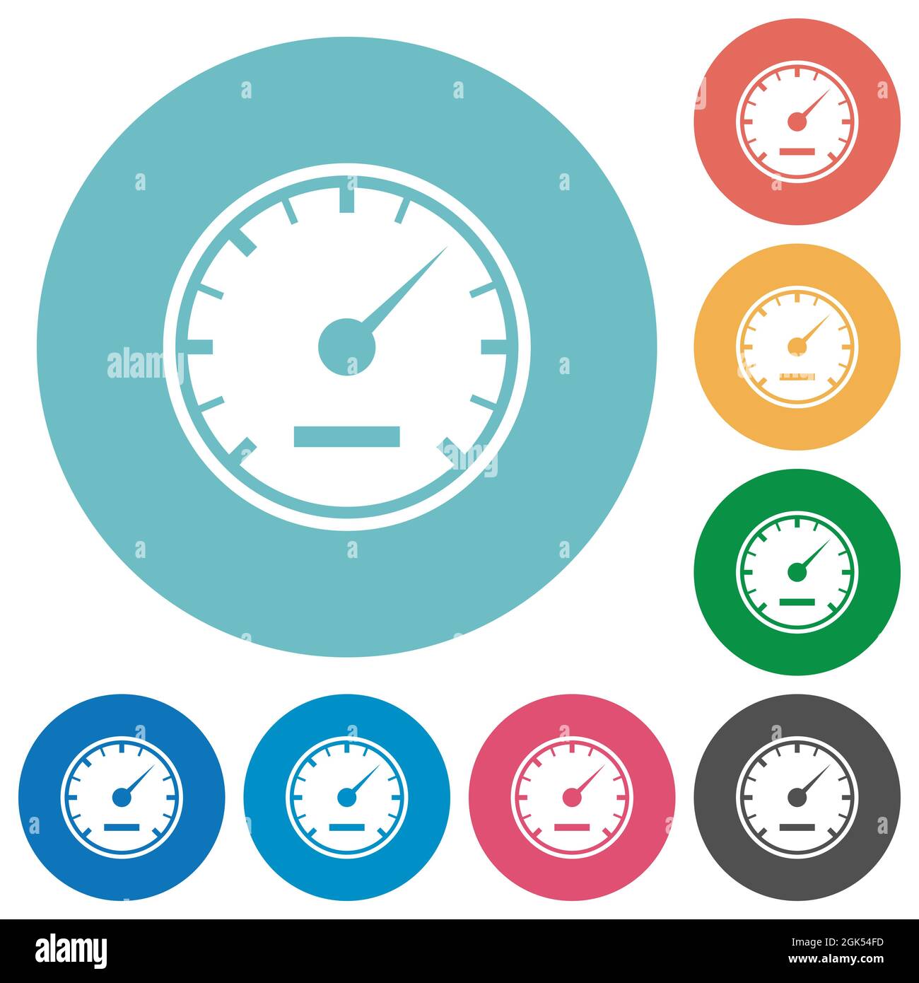 Speedometer solid flat white icons on round color backgrounds Stock Vector