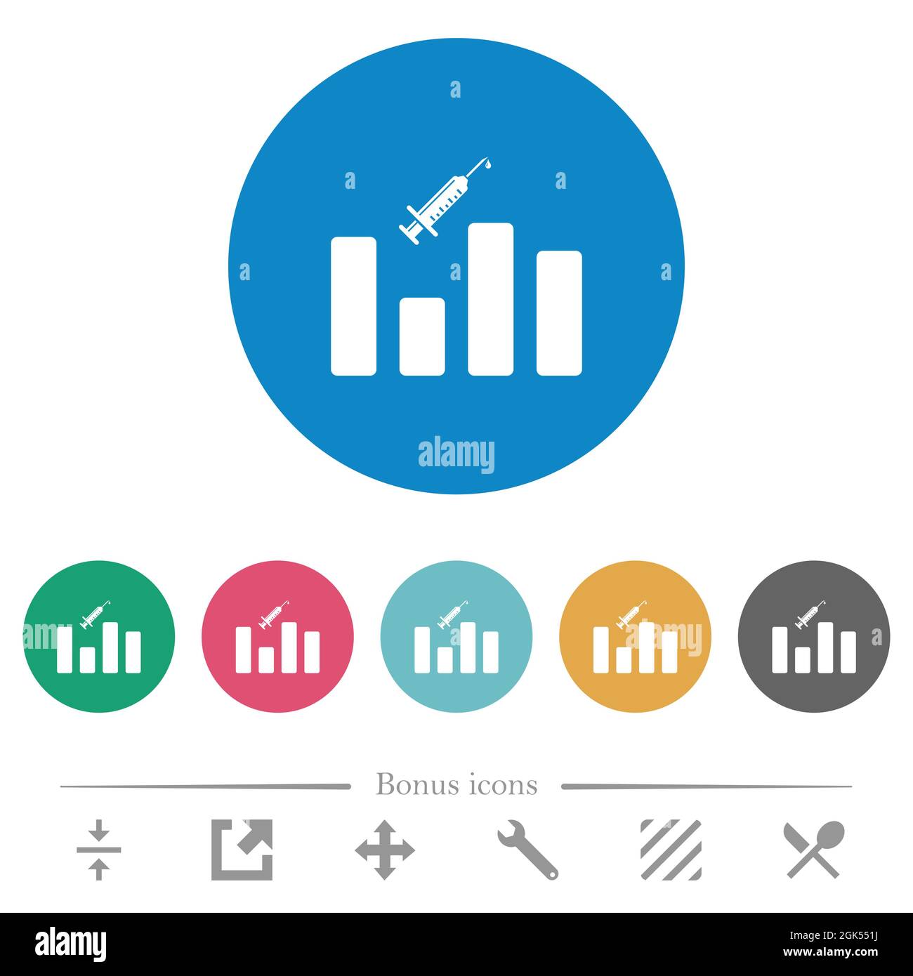 Vaccination graph flat white icons on round color backgrounds. 6 bonus ...