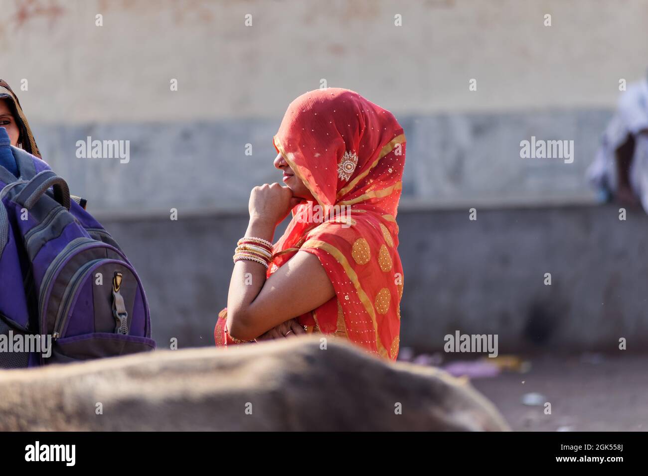 Orchha, Madhya Pradesh, India - March 2019: A candid portrait of an Indian woman dressed in a traditional red sari with a veil. Stock Photo