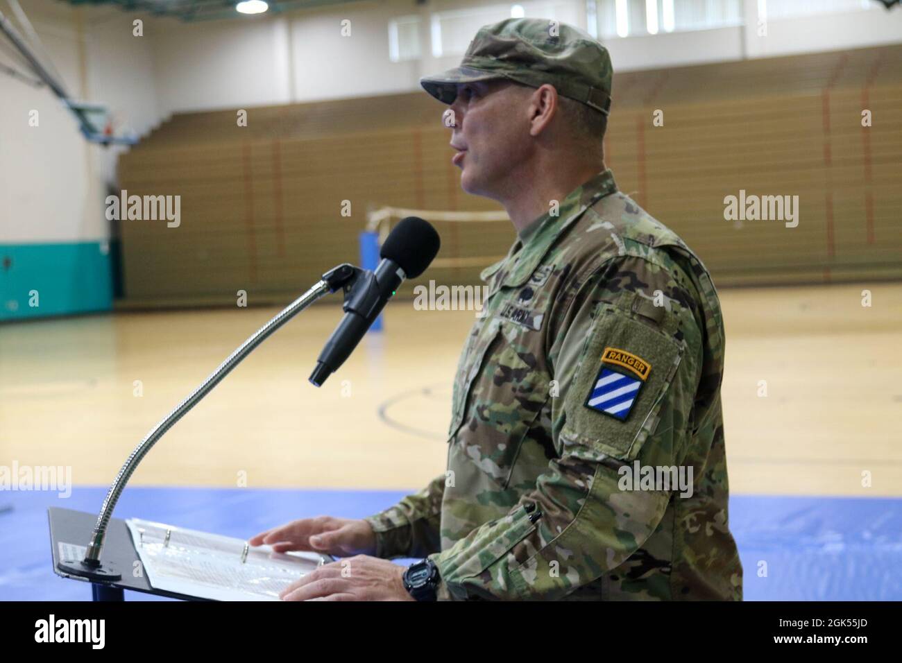 U.S. Army Col. Trent D. Upton, commander of 1st Armored Brigade Combat Team, 3rd Infantry Division, speaks during a change of command ceremony, August 4, 2021, at Fort Stewart, Georgia.  The ceremony formally transfers command of 10th Engineer Battalion, 1ABCT, 3ID, from Lt. Col. Sean A. Wittmeier to Lt. Col. Alexander D. Samms. Stock Photo