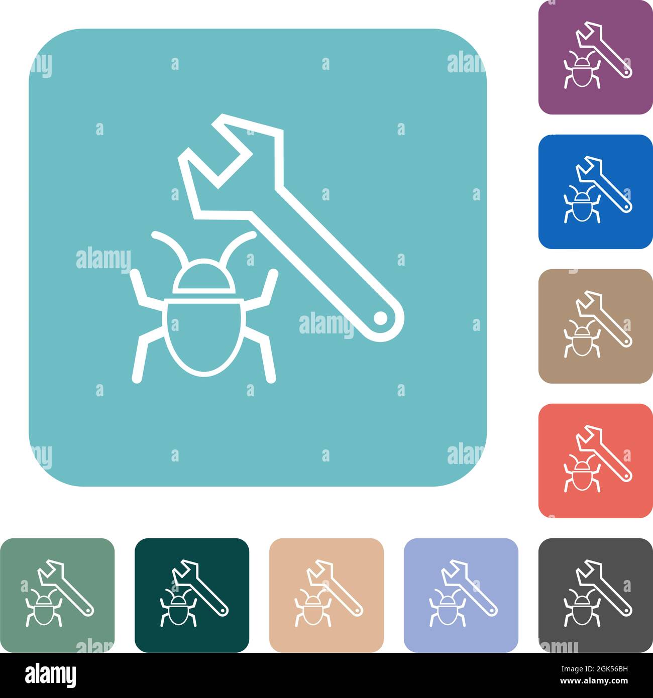 Bug fixing outline white flat icons on color rounded square backgrounds Stock Vector