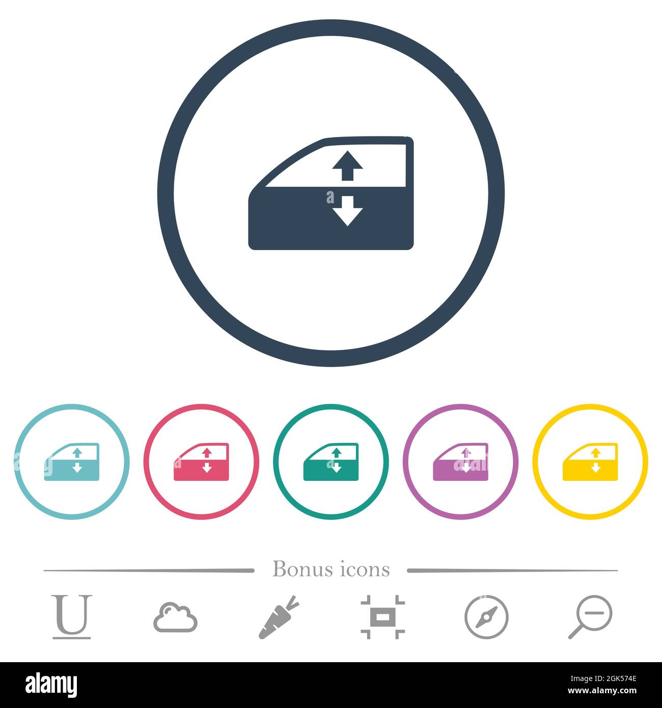 Car electric window winder flat color icons in round outlines. 6 bonus icons included. Stock Vector