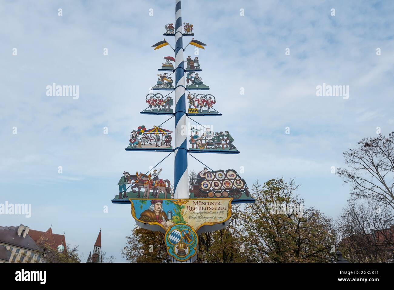 Maypole at Viktualienmarkt - Munich, Bavaria, Germany Stock Photo