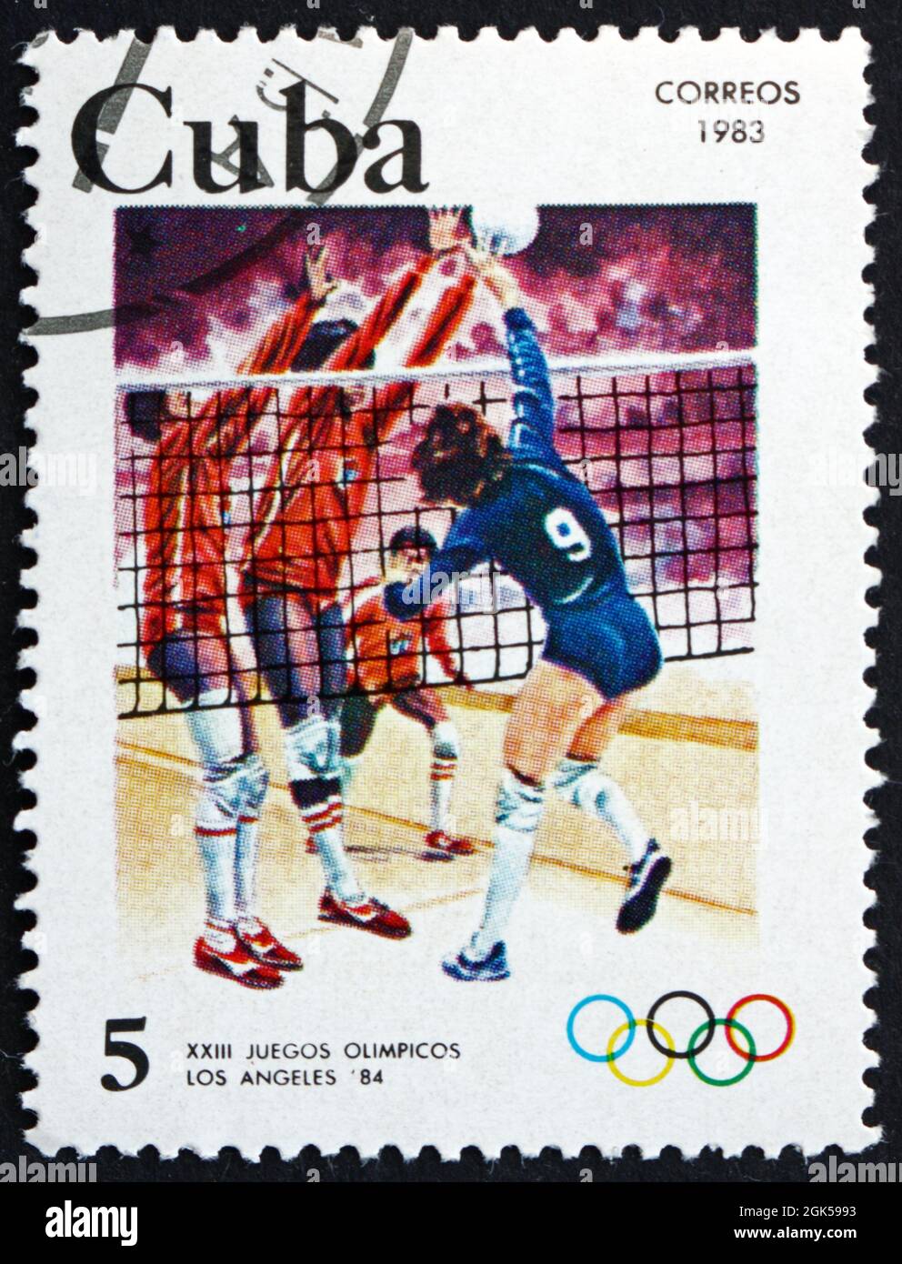 CUBA - CIRCA 1983: a stamp printed in the Cuba shows Volleyball, 1984 Summer Olympics, Los Angeles, USA, circa 1983 Stock Photo
