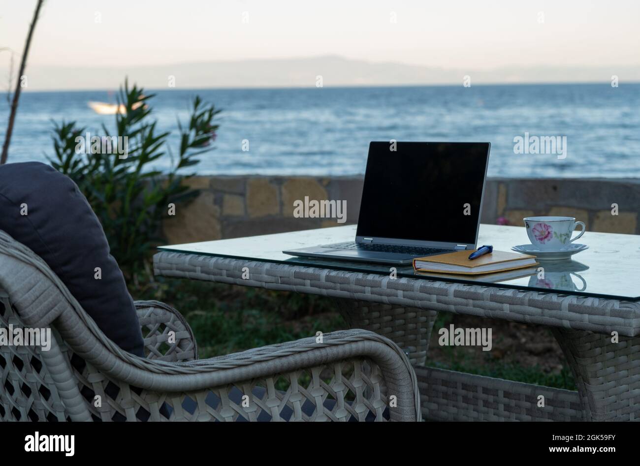 working from summer house remote concept in pandemic, table ready for ...