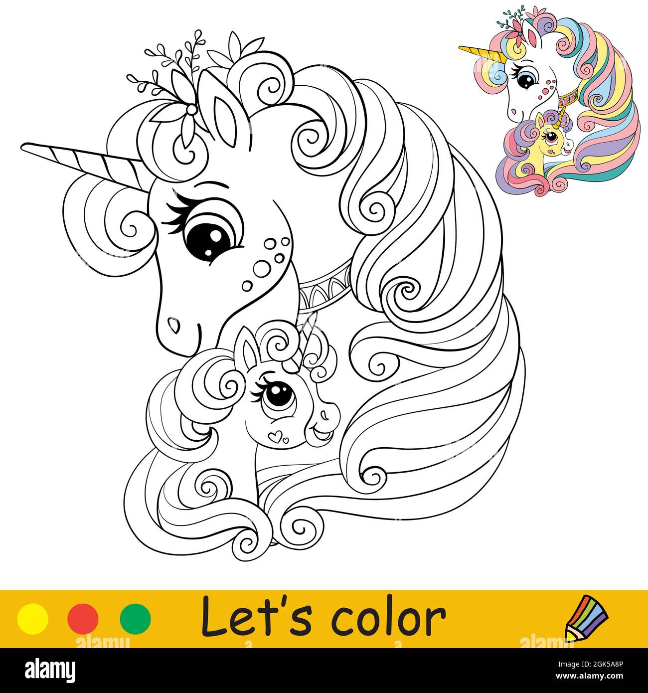 Cute mom and baby unicorns. Coloring book page for children with ...
