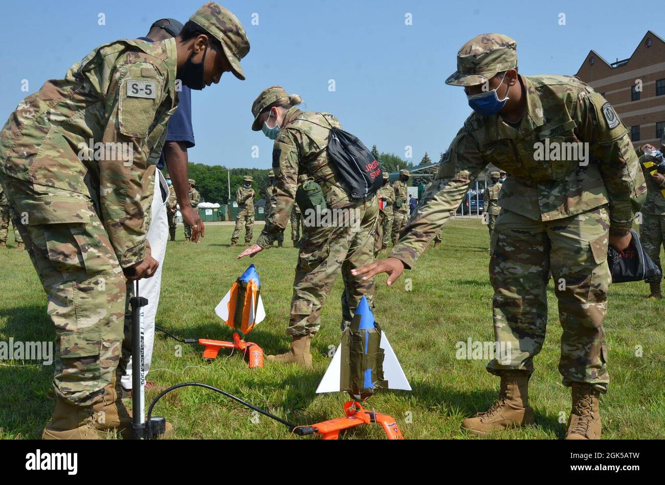 JROTC cadets prepare to launch water rockets at a STEM Day camp Aug. 5 at Fort Custer, Mich. Stock Photo