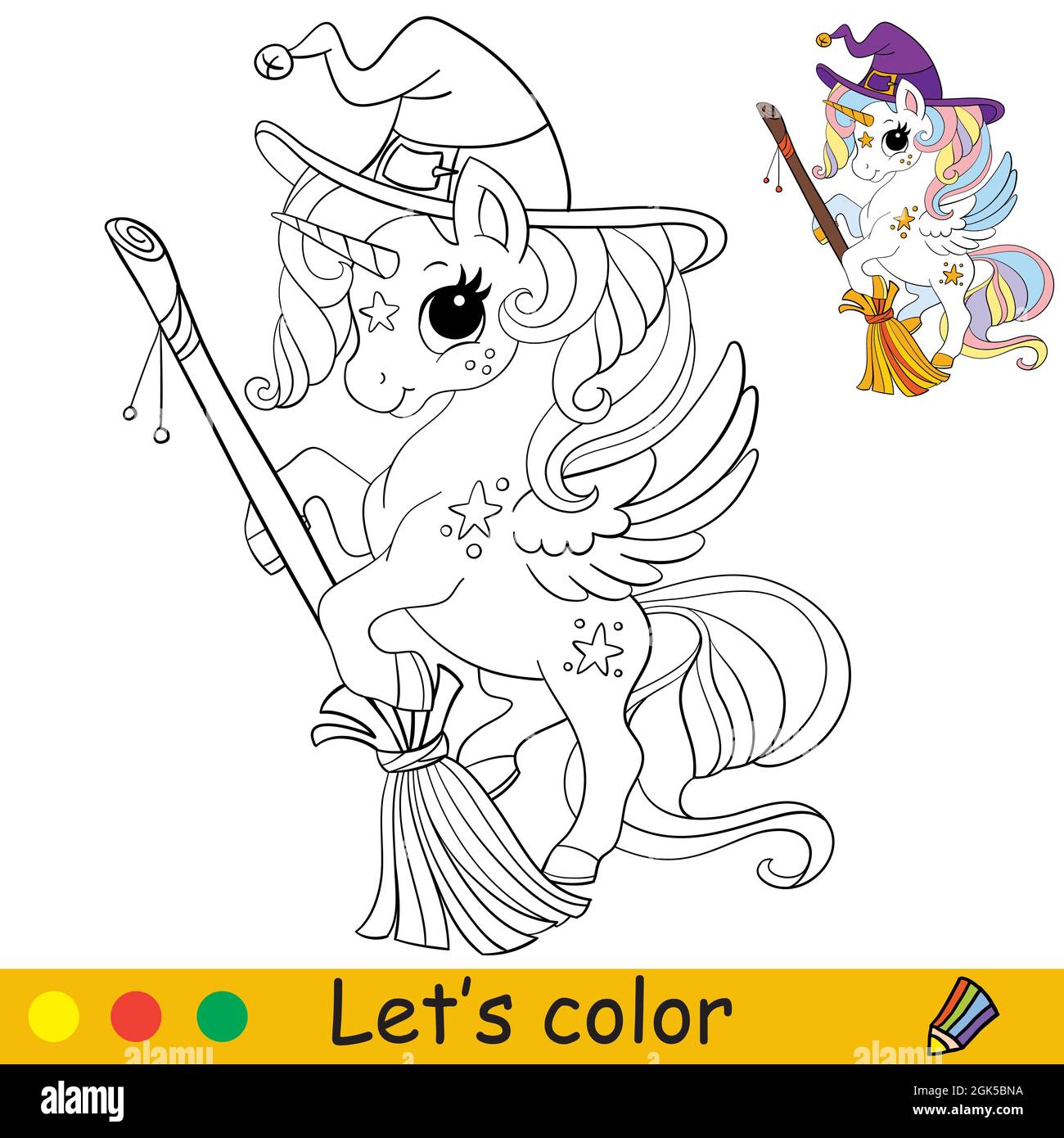 Cute unicorn witch with a broom. Halloween concept. Coloring book page