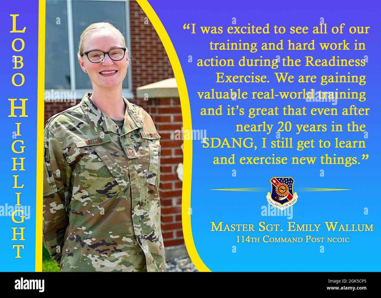 Graphic illustration created to highlight Master Sgt. Emily Wallum, 114th Command Post controller for outstanding performance, at Joe Foss Field, S.D., Aug. 6, 2021. Wallum shares her thoughts on the 2021 114th Fighter Wing Readiness Exercise. Stock Photo